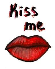 luscious pink lips illustration. valentine's day card. oil pastel texture. Hand drawn. Lettering kiss me. lip gloss, bright lipstick
