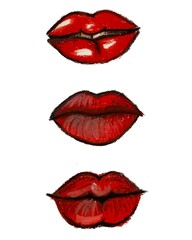 luscious red lips illustration. valentine's day card. oil pastel texture. Hand drawn. lip gloss, bright lipstick
