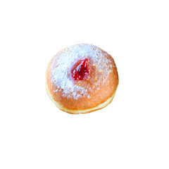 Hanukkah celebration concept. Tasty donut with jam isolated on white. Top view.