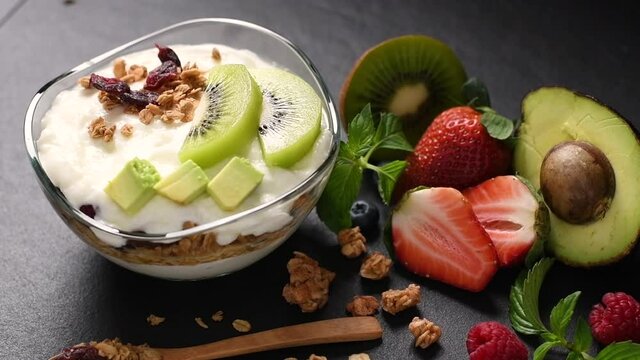 Footage of Yogurt with granola and fruits