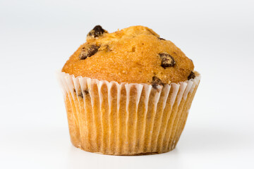 Single chocolate muffin on white background