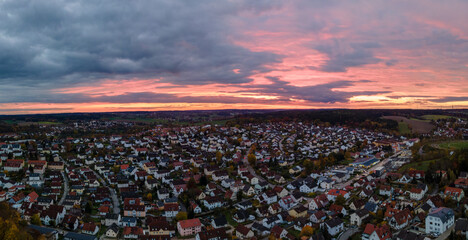 Top View during sunset phase with red light sky during golden hour in Pfaffenhofen