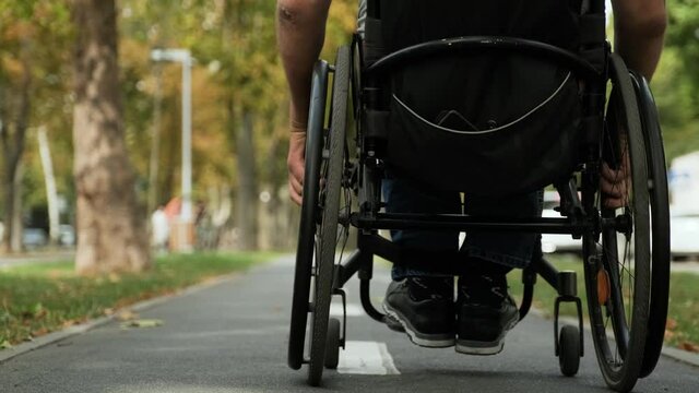 Handicapped man in wheelchair walk at the park alley