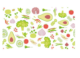 Seamless pattern with red and green vegetables. Vegetarian healthy food vector texture. Organic vegetables in cartoon flat style. 