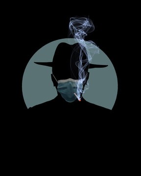 A man in a fedor smokes a cigarette through a hole in his surgical mask that he is wearing for protection from Covid-19. Illustrates health concerns that are ignored during pandemic.