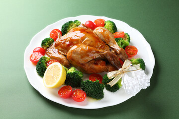 緑色の背景で撮影したクリスマスの料理（チキンの丸焼き）
