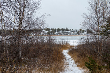 Landscape of trail leading down to  Frame lake in Yellowknife NT as the water is freezing 