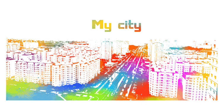 Rainbow City. There are many houses on the street. Vector illustration