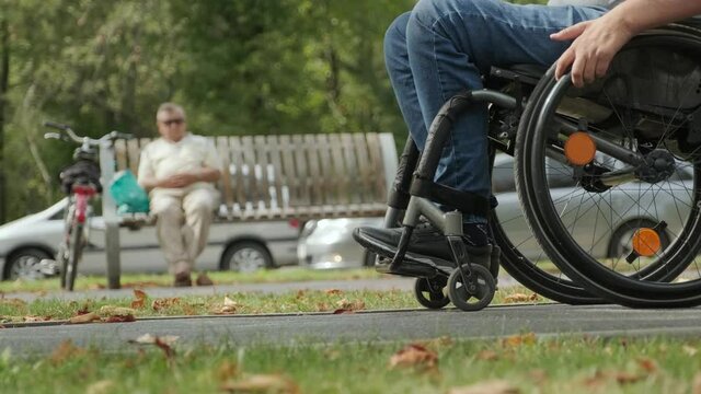 Handicapped man in wheelchair walk at the park alley