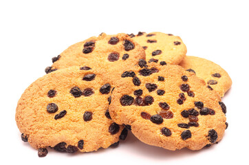 Several pieces of cookies with raisins on a white background