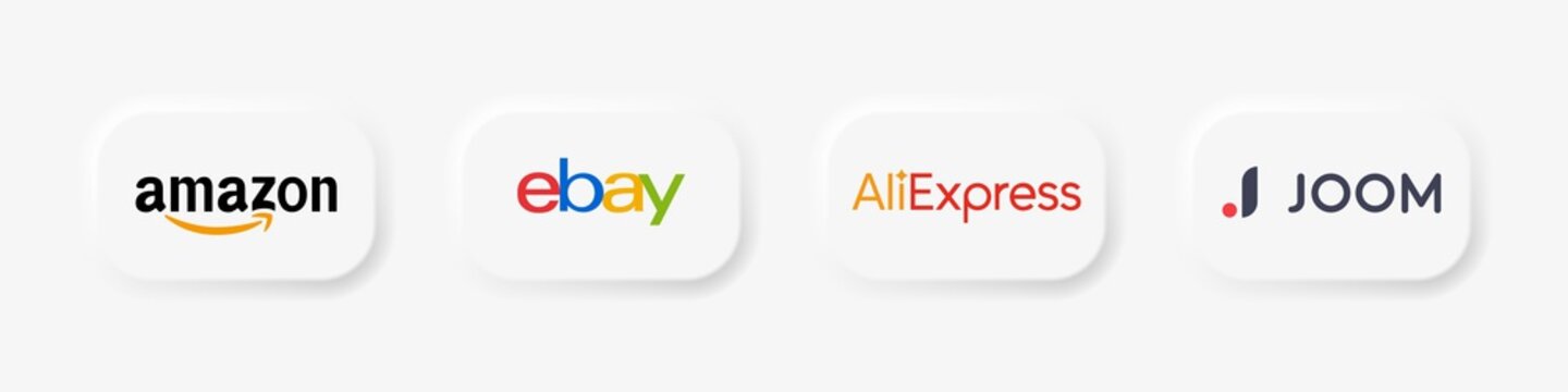 Amazon, Ebay, Aliexpress, Joom - popular online shopping logos. Neomorphism style. Vector illustration. Kyiv, Ukraine - October 31, 2020