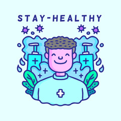 Cute Doctor cartoon character with hand sanitizer protection against virus doodle illustration. Medical healthcare concept illustration 