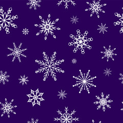 Snowflakes. Seamless pattern. Snow, snowfall, falling scattered white snowflakes. Background design for fabric, wallpaper, cover, paper for packaging. Vector