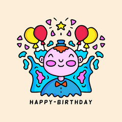 Cute happy birthday card with funny kid and balloons doodle illustration. Vector illustration.