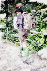 bavarian man with backpack walking on path in watercolors