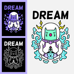 Cute cat wearing astronaut helmet and holding flower doodle illustration for poster, sticker, or apparel merchandise.With vaporwave/synthwave style, aesthetics of 80s.