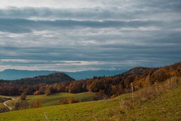 Autumn like meadows and beautiful sights towards the mountains in the distance.