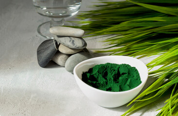 Spirulina powder on a light background. Healthy food supplement for vegan, vegetarian or plant based diets. SPA procedures.Contains multivitamins