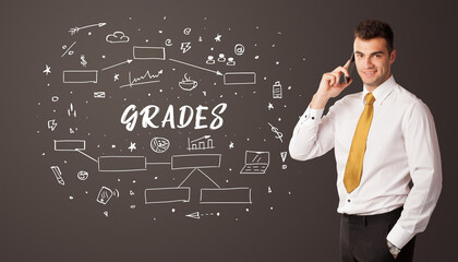 Businessman thinking with GRADES inscription, business education concept