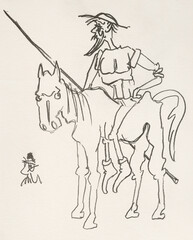 Plakat Zeichnung des Ritters Don Quijote auf seinem Pferd Rosinante. Der scharfsinnige Edle Herr Don Quijote de la Mancha. Don Quixote