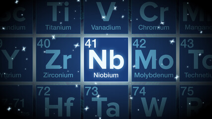 Close up of the Niobium symbol in the periodic table, tech space environment.