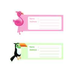 Cute animal label design flamingo and toucan character design isolated on white background