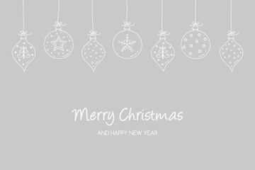 Concept of Christmas card with hanging baubles. Xmas decoration. Vector