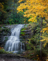 Mountain waterfall surrounded by yellow fall foliage