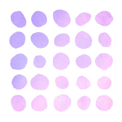 Pink, lilac, violet light watercolor round spots, dots design elements set. Watercolour drops collection, uneven circle shape stains, smears, brush strokes. Hand drawn painted text background.