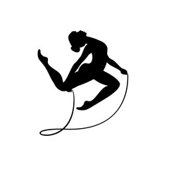 Rhythmic gymnastics girl with kipping rope. Vector dancer silhouette black on white