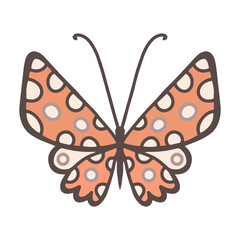 Vector illustration with polka dot butterfly, cute insect with red wings. Floral pastel wedding bouquets in a cartoon. Black outline of the wings and white spots. Logo for a toy store, drawing studio