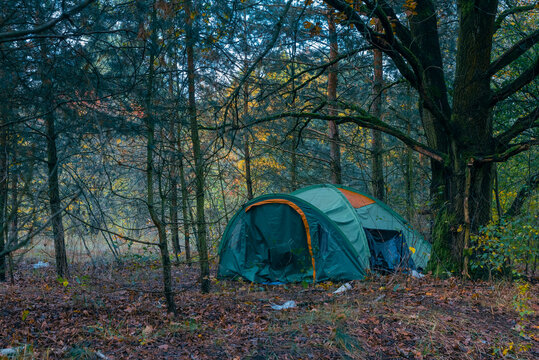 The tent of a homeless person in a forest in Berlin, the tent of a homeless person with some garbage around it