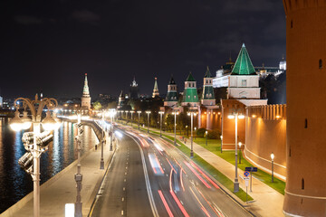 Beautiful night view of the towers of the Moscow Kremlin. The center of Moscow in night lights.