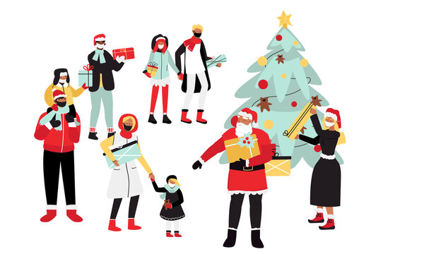 People and Santa Claus around the Christmas Tree celebrate the New Year holidays. Vector illustration