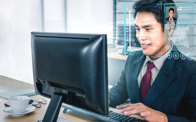 Facial recognition technology scan and detect people face for identification . Future concept interface showing digital biometric security system that analyze human face to verify personal data .