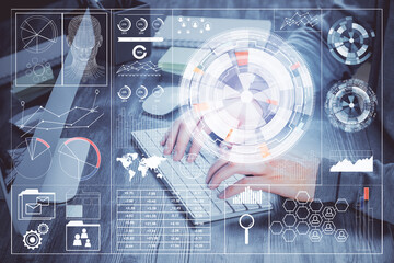 Double exposure of tech drawings with hands working on computer background. Concept of innovation.