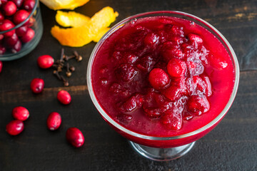 Cranberry Sauce in a Dish: Fresh cranberry sauce made with orange peels and cloves