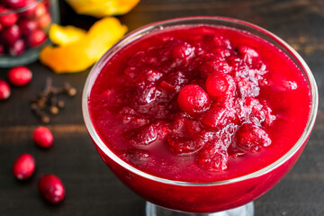 Cranberry Sauce in a Dish: Fresh cranberry sauce made with orange peels and cloves