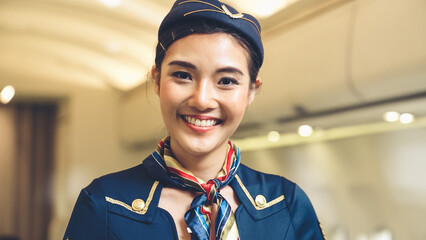 Cabin crew or air hostess working in airplane . Airline transportation and tourism concept.