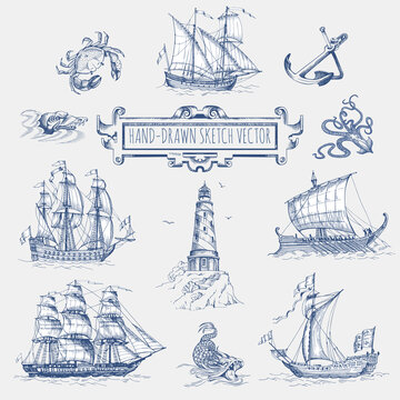 Set of decorative elements for the design of an old geographical map. Ancient caravel, sea monsters, anchor, ship's wheel, compass-meter, wind rose, framework for inscriptions, cartouche.