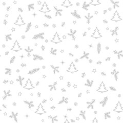 Christmas Icons Seamless Pattern with New Year Tree, Snow and Stars. Happy Winter Holiday Wallpaper with Nature Decor elements. Fir Tree branch and snowflakes