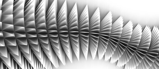 Abstract 3D rendering of free form winding curve made of sharp pyramid shaped black and white thorns on a white background. Dynamic movement concept. Futuristic, parametric shape. Copy space.