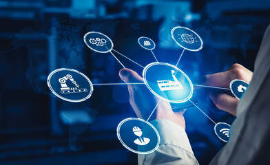 Industry 4.0 technology concept - Smart factory for fourth industrial revolution with icon graphic showing automation system by using robots and automated machinery controlled via internet network .