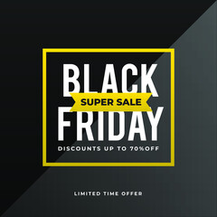 Black Friday Super Sale discount up to 70% OFF modern creative banner, sign, design concept, social media post, template with white text on a grey abstract background. 