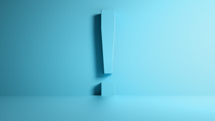 Exclamation mark near the wall, blue background, for text, 3D illustration