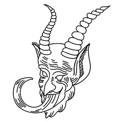 Krampus. Scary krampus. Horned devil. Realistic. Heck. Traditional Christmas devil. Little devil stealing a child.