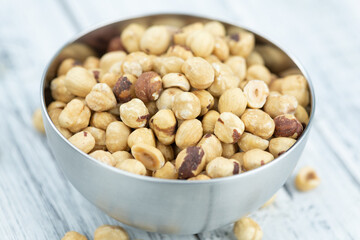 Peeled Hazelnuts (close up shot; selective focus)