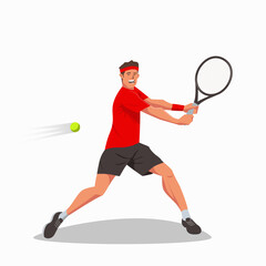 Fototapeta na wymiar A tennis player holds a tennis racket in both hands and swings to hit the tennis ball. A young athlete performs a backhand. The athlete follows the flight of a ball with his eyes. Vector flat design