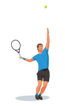 A tennis player holds a tennis racket and serves a ball. The athlete follows the flight of a ball with his eyes. Vector flat design
