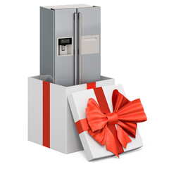 Double Door Refrigerator inside gift box, gift concept. 3D rendering